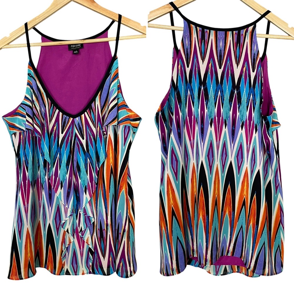 Nicole Miller Tank Top Trippy Pattern Psychedelic Colorful Ruffle Women Large